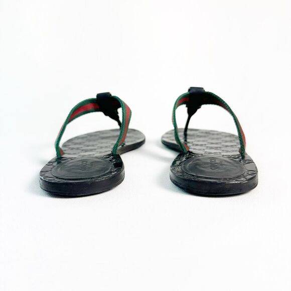 GUCCI Black Web Stripe GG Sandal 40.5 Flat Flip Flop Leather Guccissima Embossed - Picture 7 of 12